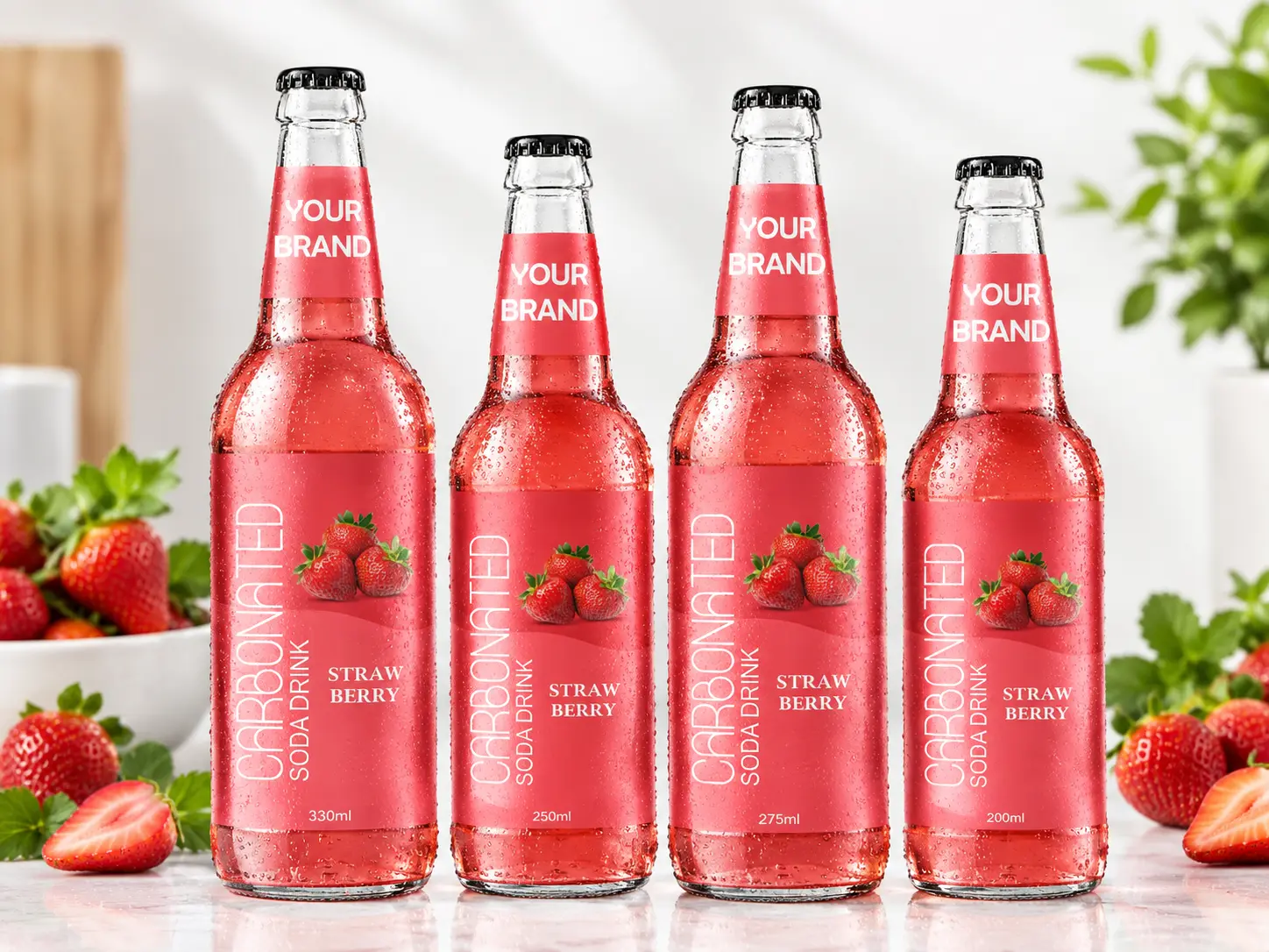 CARBONATED SODA DRINK Strawberry flavour in 330ml, 250ml, 275ml and 200ml glass bottles.